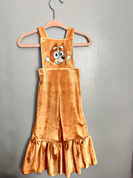 Baby Girls Orange Strap Cartoon Blue Gogs Print Velvet Jumpsuit Preorder