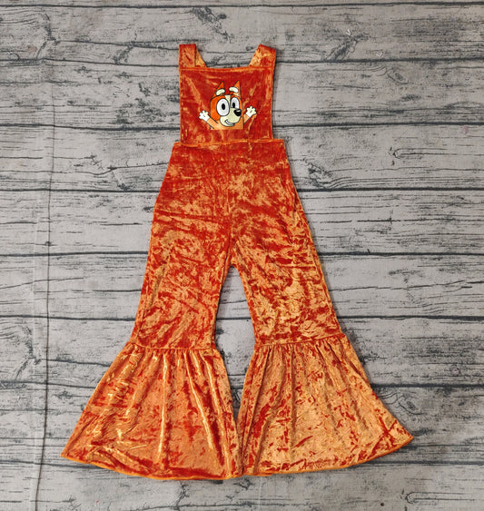 Baby Girls Orange Strap Embroidery Cartoon Blue Gogs Print Velvet Jumpsuit Preorder