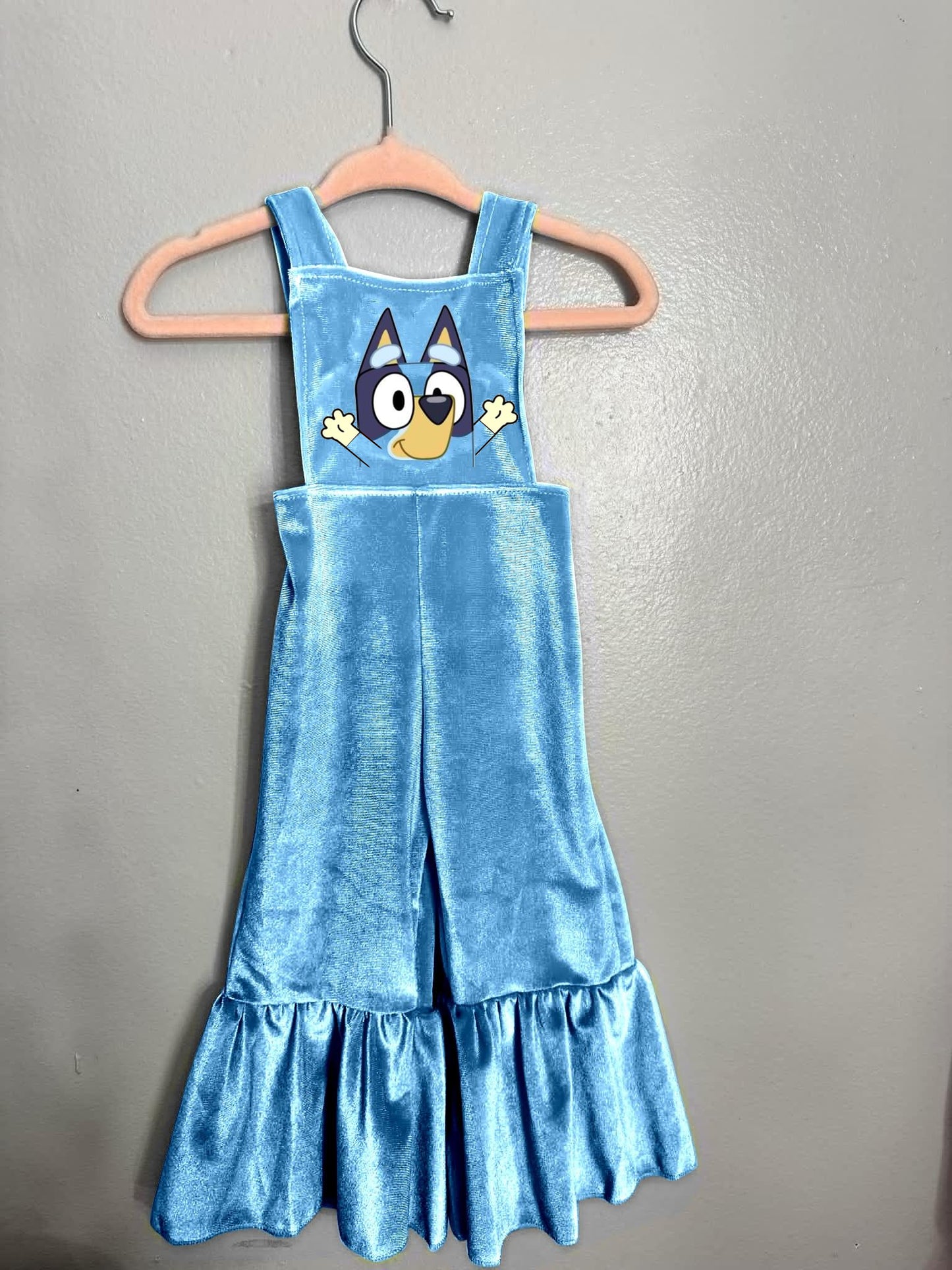 Baby Girls Blue Strap Cartoon Blue Gogs Print Velvet Jumpsuit Preorder