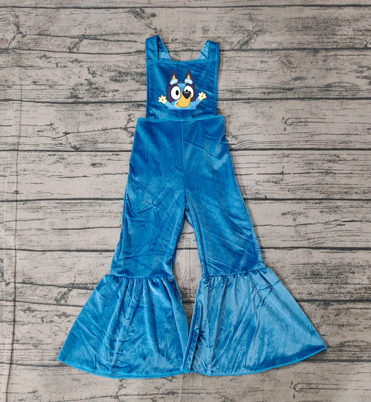 Baby Girls Blue Strap Embroidery Cartoon Blue Gogs Print Velvet Jumpsuit Preorder