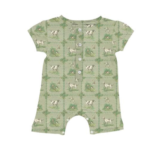 Baby Boys Olive Short Sleeves Plaid Duck Dogs Print Button Down Western Romper Preorder