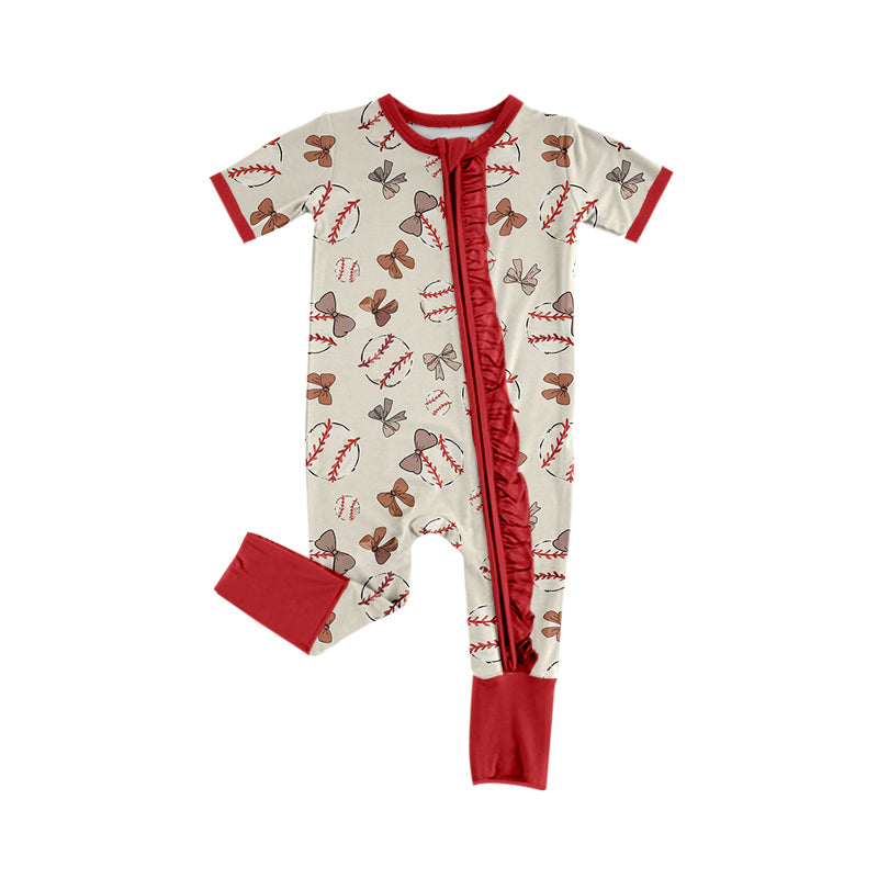 Baby Girls Khaki Short Sleeves Bows Baseballs Print Zipper Romper Preorder