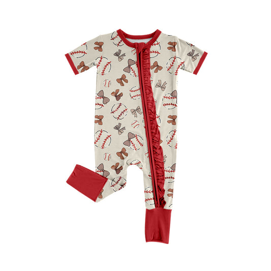 Baby Girls Khaki Short Sleeves Bows Baseballs Print Zipper Romper Preorder