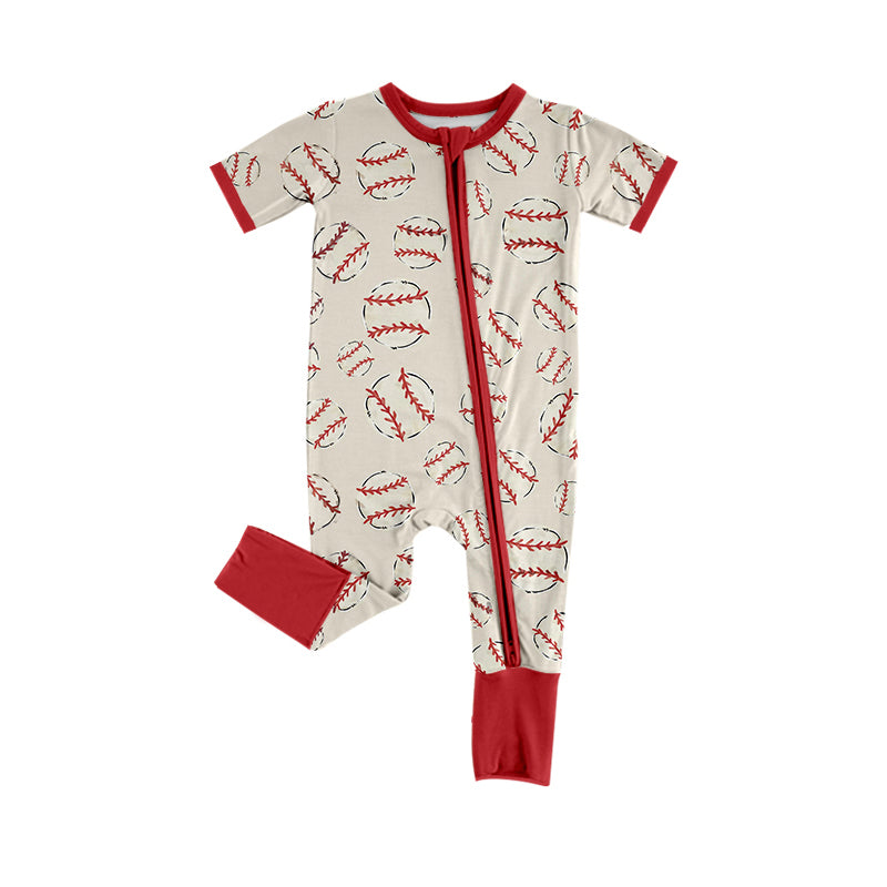 Baby Boys Khaki Short Sleeves Bows Baseballs Print Zipper Romper Preorder