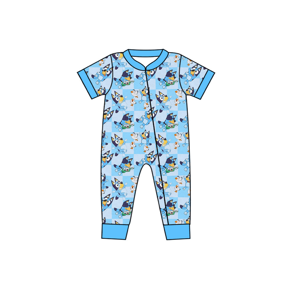 Baby Boys Blue Short Sleeves Cartoon Blue Dogs Print Zipper Romper Preorder