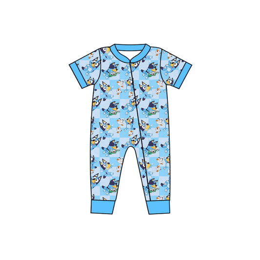 Baby Boys Blue Short Sleeves Cartoon Blue Dogs Print Zipper Romper Preorder