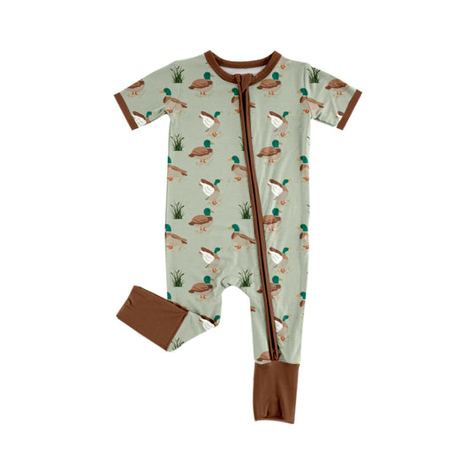 Baby Boys Olive Short Sleeves Ducks Print Western Zipper Romper Preorder