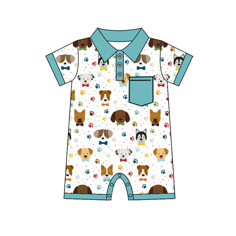 Baby Boys Blue Short Sleeves Button Down Dogs Print Pocket Romper Preorder