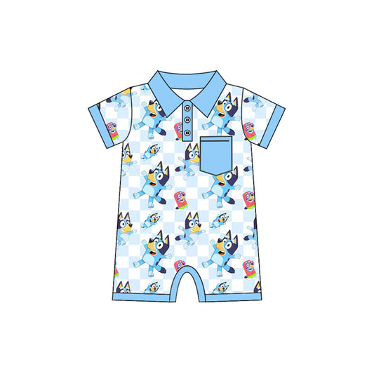 Baby Boys Blue Plaid Short Sleeves Cartoon Blue Dogs Print Button Down Pocket Romper Preorder