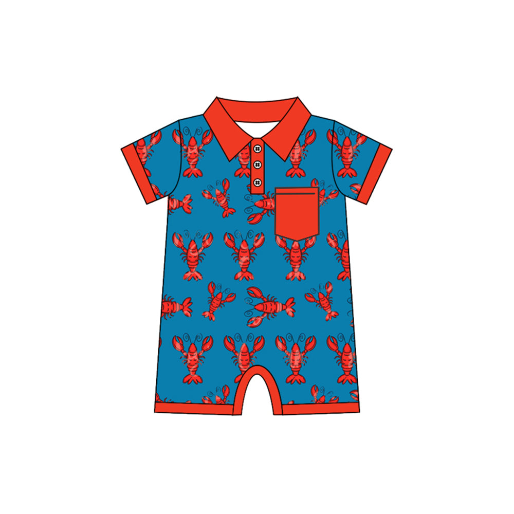 Baby Boys Hot Blue Short Sleeves Crayfishes Print Button Down Pocket Romper Preorder