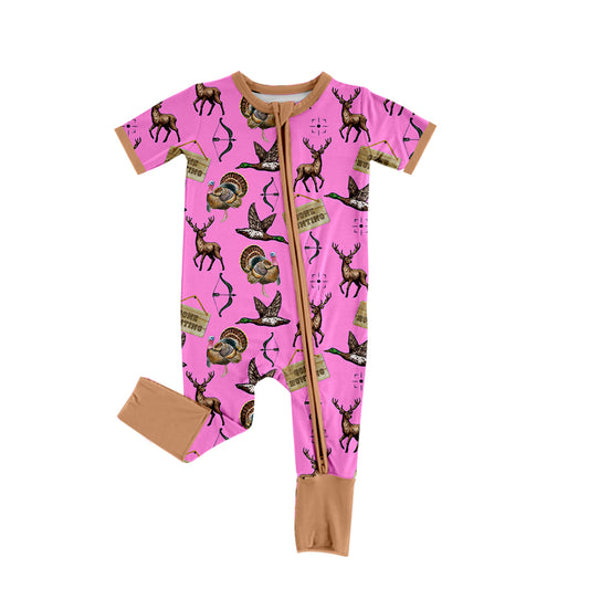 Baby Girls Hot Pink Short Sleeves Deer Print Western Zipper Romper Preorder