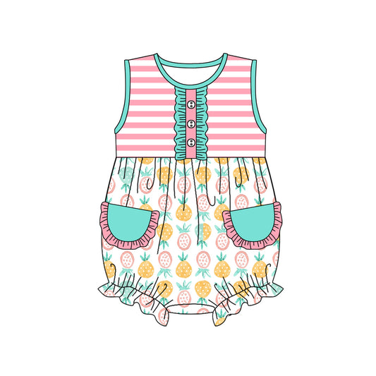 Baby Girls Sleeveless Pink Stripe Strawberry Print Ruffle Pockets Romper Preorder