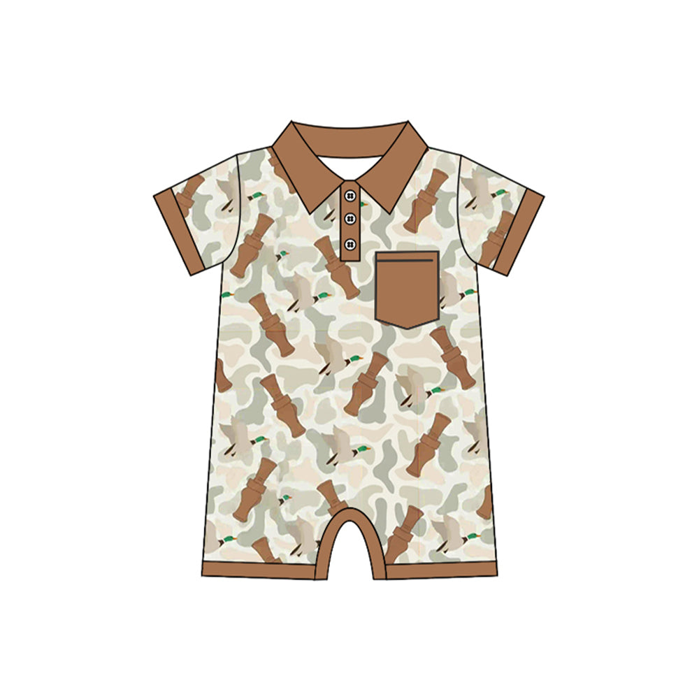 Baby Boys Khaki Short Sleeves Button Down Pocket Camo Ducks Print Western Romper Preorder