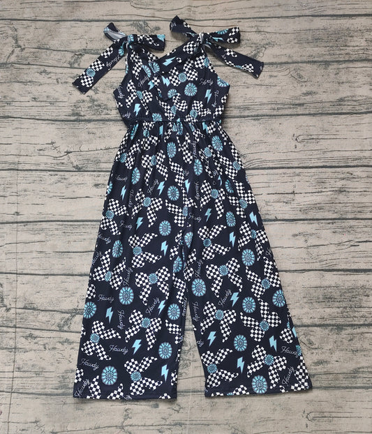 Baby Girls Black Strap Plaid Bows Turquoises Howdy Jumpsuit Preorder