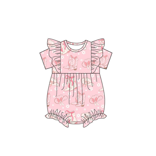 Baby Girls Pink Short Flutter Sleeves Boots Hats Flowers Print Romper Preorder