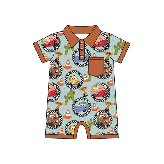 Baby Boys Olive Short Sleeves Button Down Pocket Cartoon Cars Cactus Print Romper Preorder