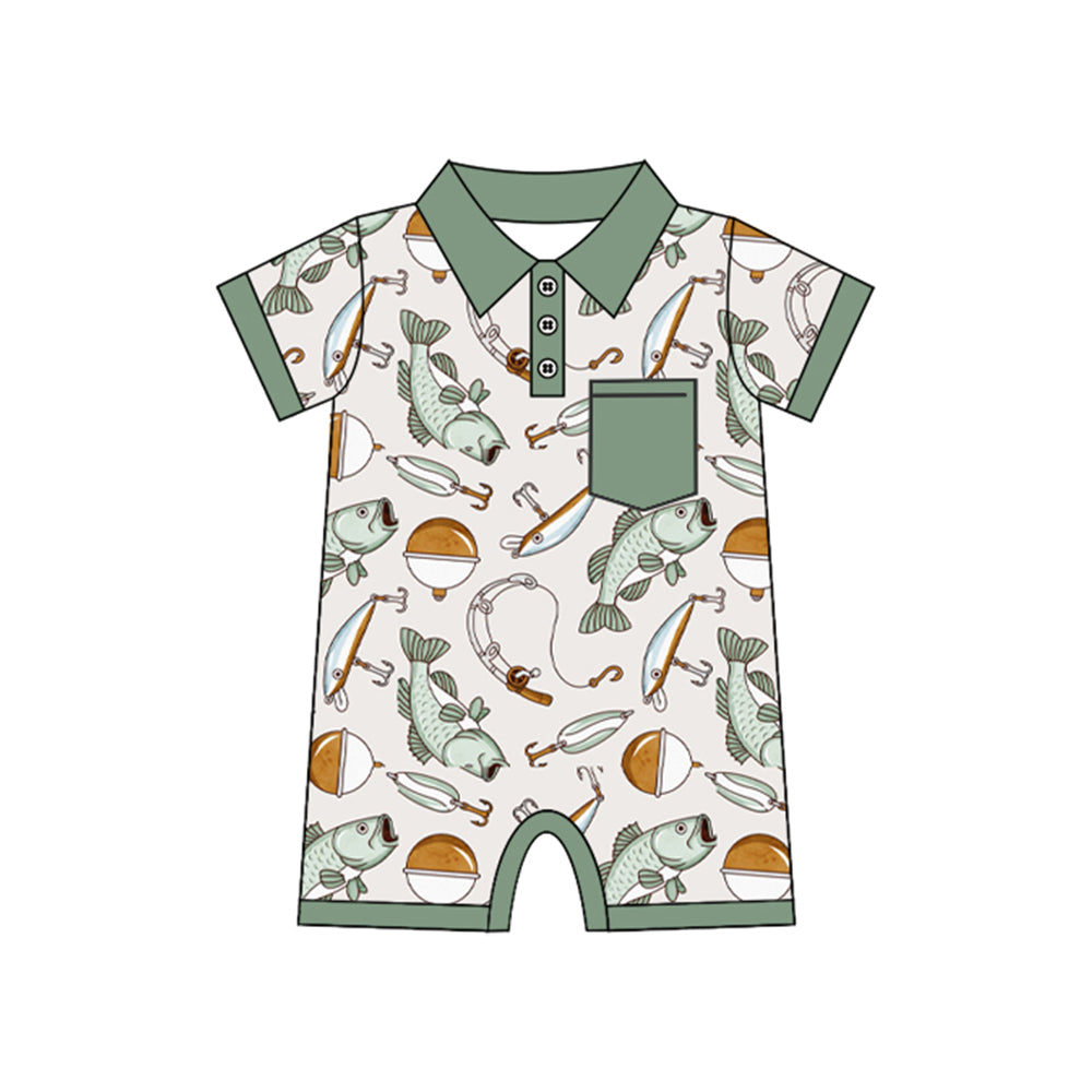 Baby Boys Green Short Sleeves Button Down Fishing Print Western Romper Preorder