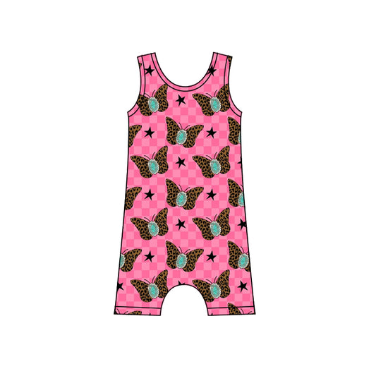 Baby Girls Pink Sleeveless Plaid Leopard Butterfly Stars Print Jumpsuits Preorder