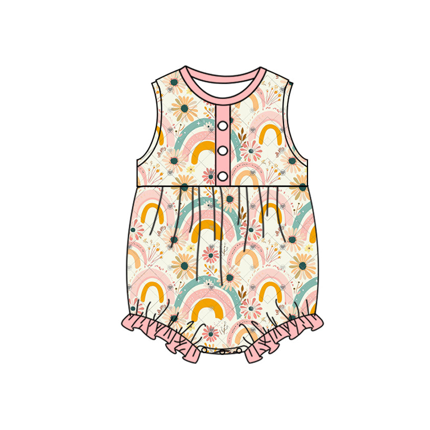 Baby Girls Peach Sleeveless Plaid Rainbows Flowers Print Romper Preorder