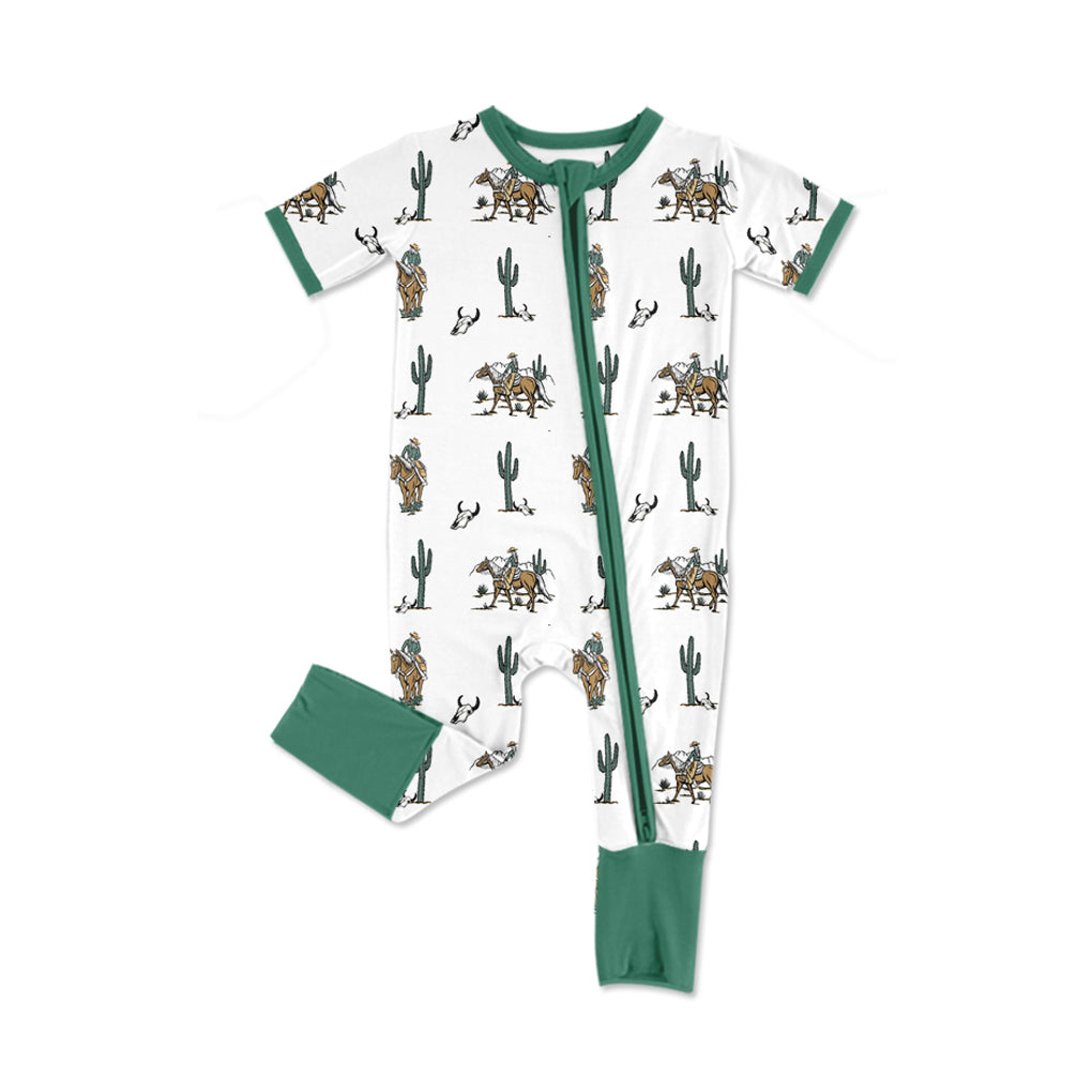 Baby Boys Green Short Sleeves Horse Rodeo Cactus Print Western Zipper Romper Preorder