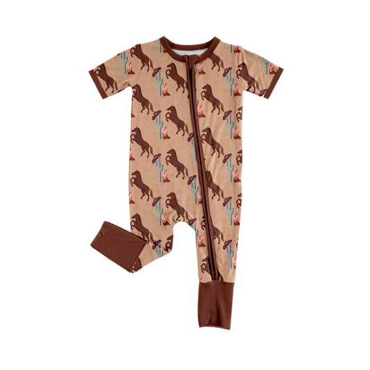 Baby Boys Brown Short Sleeves Horse Cactus Print Western Zipper Romper Preorder