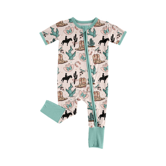 Baby Boys Aqua Short Sleeves Horse Cactus Boots Print Western Zipper Romper Preorder