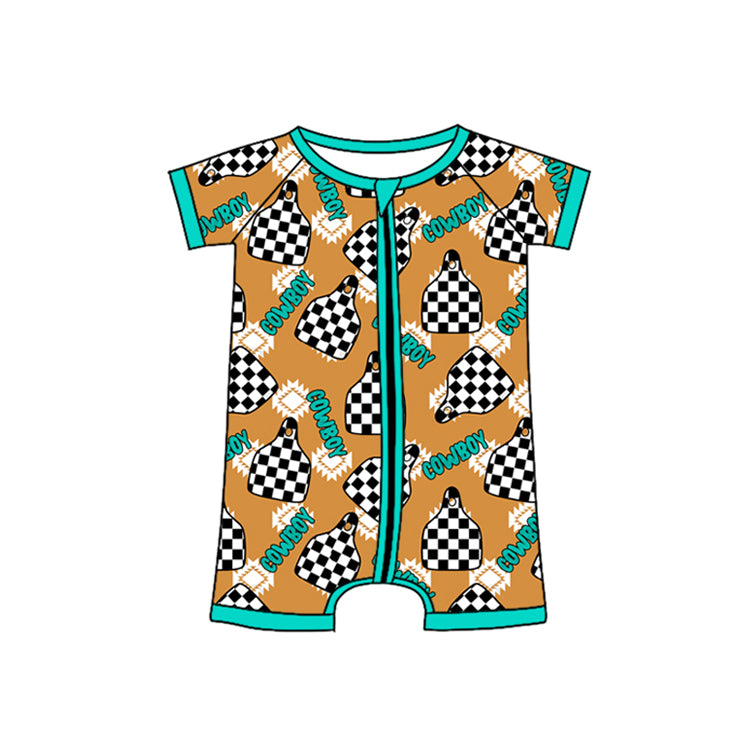 Baby Boys Brown Short Sleeves Cowbor Aztec Print Western Zipper Romper Preorder