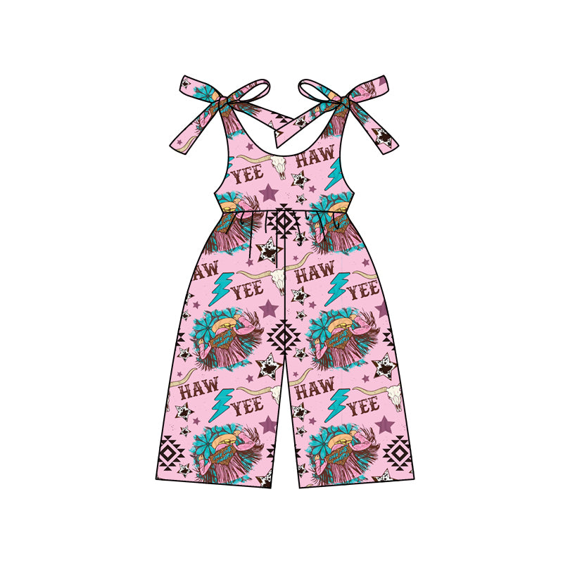 Baby Girls Pink Strap Aztec Bull Skull Print Western Jumpsuits Preorder