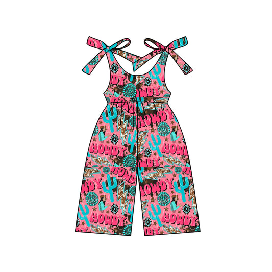 Baby Girls Hot Pink Strap Cactus Turquoise Howdy Print Western Jumpsuits Preorder