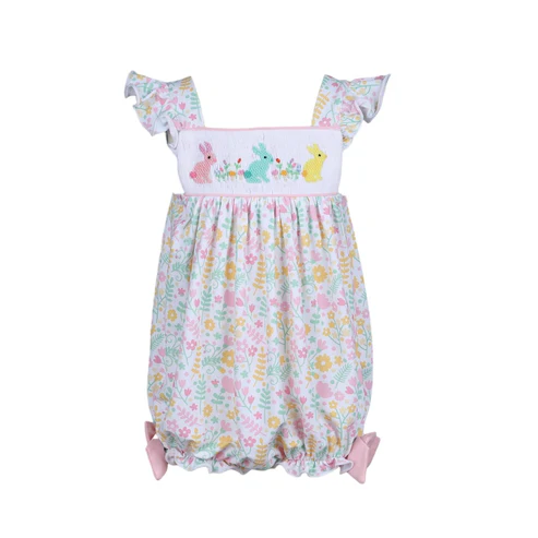 Baby Girls White Flutter Floral Bunny Print Easter Romper Preorder