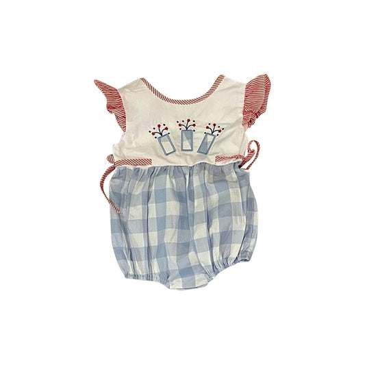 Baby Girls Red Stripe Flutter Sleeves Firework Print Blue Plaid 4th Of July Romper Preorder