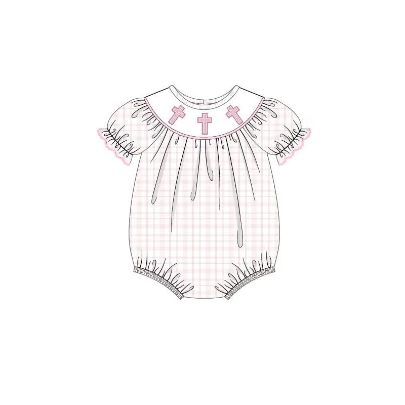 Baby Girls Pink Plaid Short Ruffle Sleeves Cross Print Ruffle Easter Romper Preorder