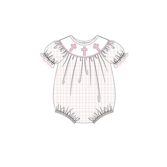 Baby Girls Pink Plaid Short Ruffle Sleeves Cross Print Ruffle Easter Romper Preorder