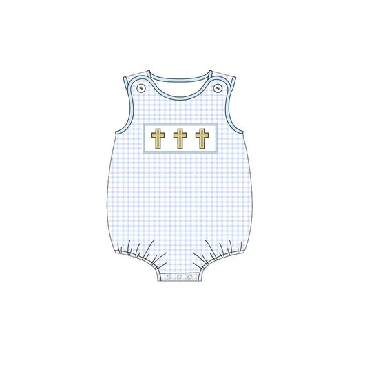 Baby Boys Blue Plaid Sleeveless Cross Print Summer Easter Romper Preorder