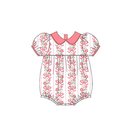 Baby Girls Pink Short Ruffle Sleeves Stripe Bows Floral Print Valentines Romper Preorder