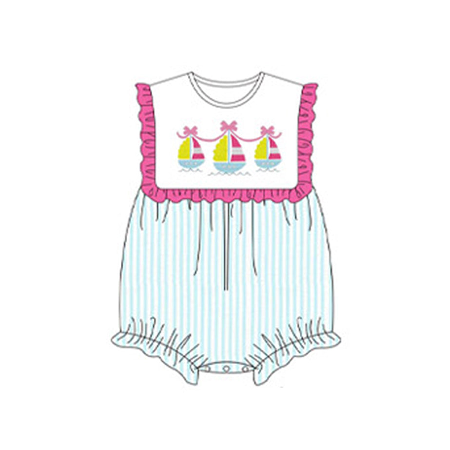 Baby Girls Pink Ruffle Sleeveless Boats Print Aqua Stripe Ruffle Romper Preorder