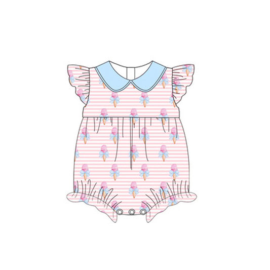 Baby Girls Pink Stripe Flutter Sleeves Bows Ice Cream Print Valentines Romper Preorder