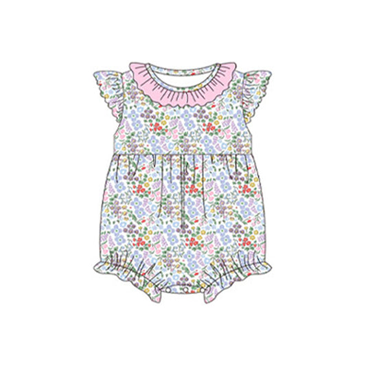 Baby Girls Lanvender Flutter Sleeves Floral Print Ruffle Romper Preorder