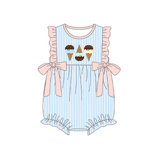 Baby Girls Light Blue Stripe Sleeveless Ice Cream Print Summer Ruffle Bows Romper Preorder