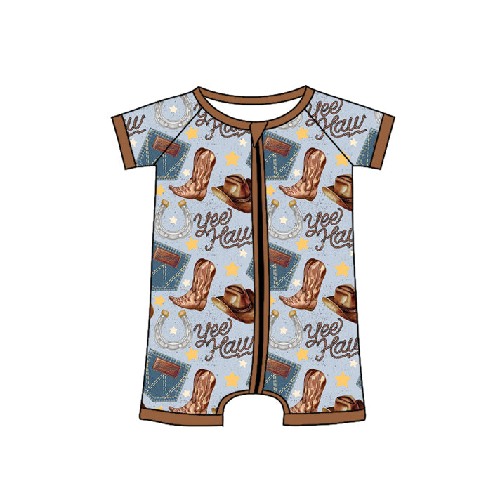 Baby Boys Brown Short Sleeves Boots Hats Print Western Zipper Romper Preorder