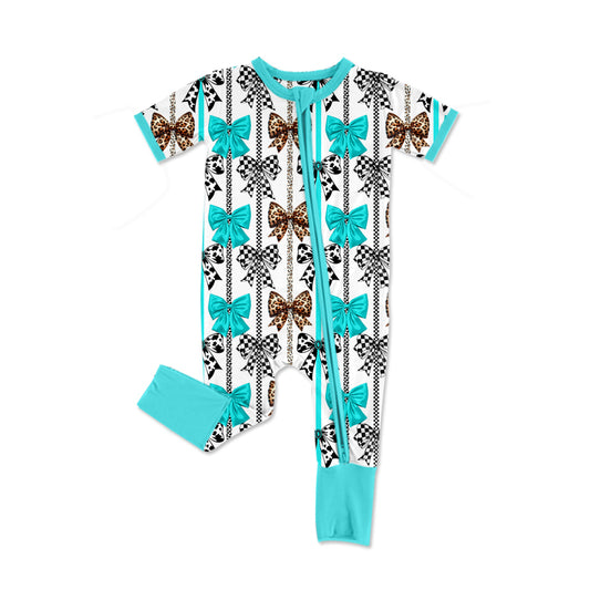 Baby Girls Aqua Short Sleeves Stripe Bows Print Valentines Zipper Romper Preorder