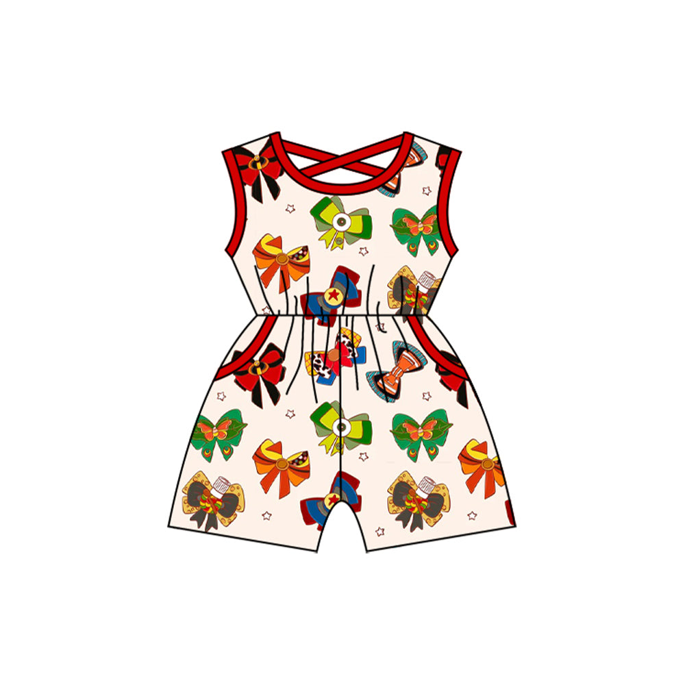 Baby Girls Red Sleeveless Cartoon Bows Print Valentines Jumpsuits Preorder