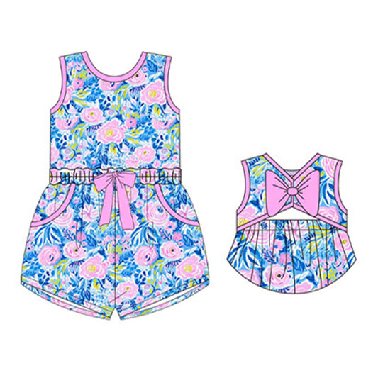 Baby Girls Lavender Sleeveless Watercolor Floral Print Bow Pockets Jumpsuits Preorder