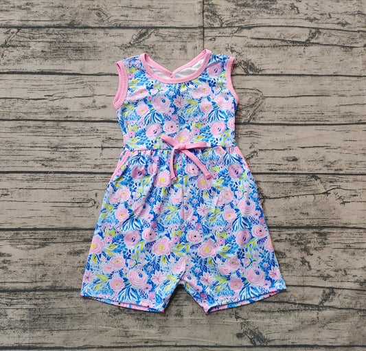 Baby Girls Lavender Sleeveless Watercolor Floral Print Bow Pockets Jumpsuits Preorder