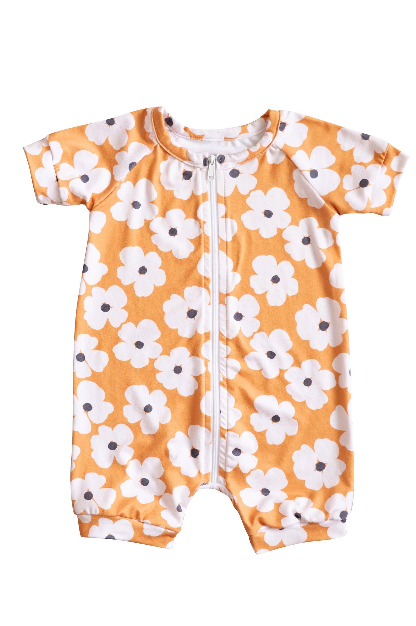 Baby Girls Orange Short Sleeves Flowers Print Zipper Romper Preorder