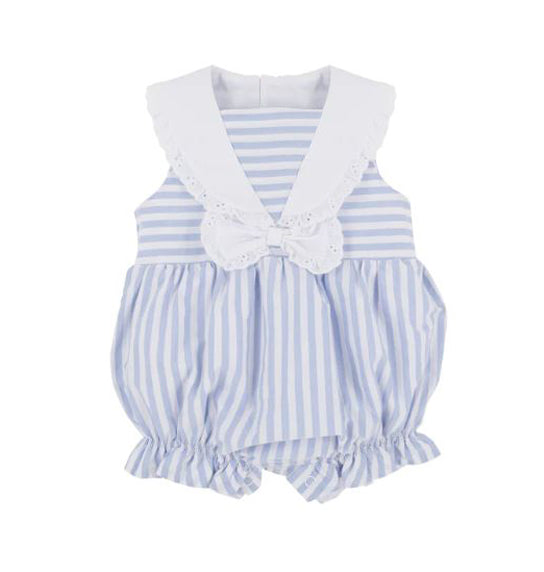 Baby Girls Blue Stripe Sleeveless Button Down Backless Bunny Romper Preorder