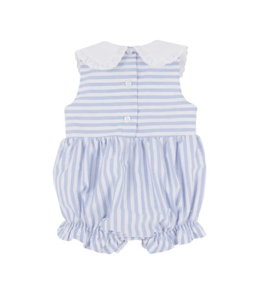 Baby Girls Blue Stripe Sleeveless Button Down Backless Bunny Romper Preorder
