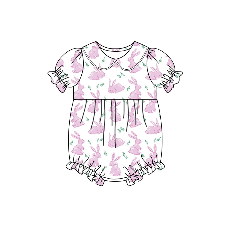 Baby Girls Short Ruffle Sleeves Lavender Bunny Print Easter Romper Preorder