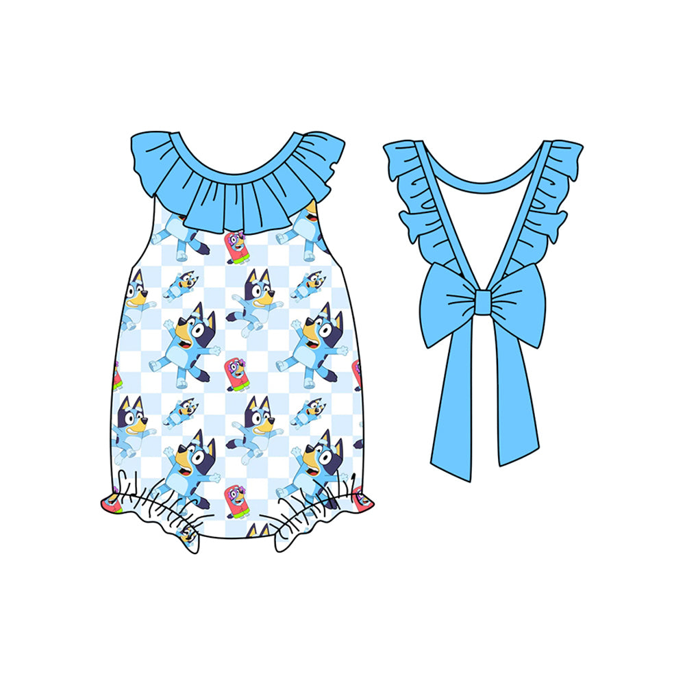 Baby Girls Blue Sleeveless Plaid Cartoon Blue Dogs Backless Bow Romper Preorder