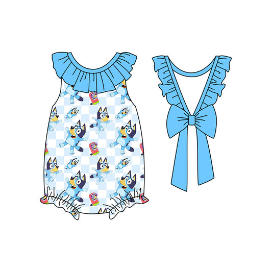 Baby Girls Blue Sleeveless Plaid Cartoon Blue Dogs Backless Bow Romper Preorder